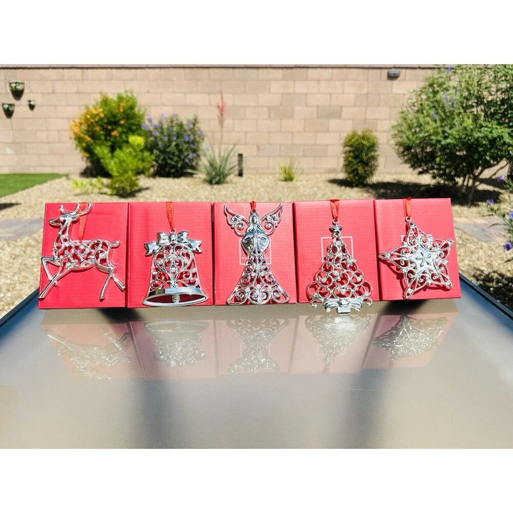 Lot of 5 LENOX Sparkle and Scroll Clear Crystal Silverplate Christmas Ornaments